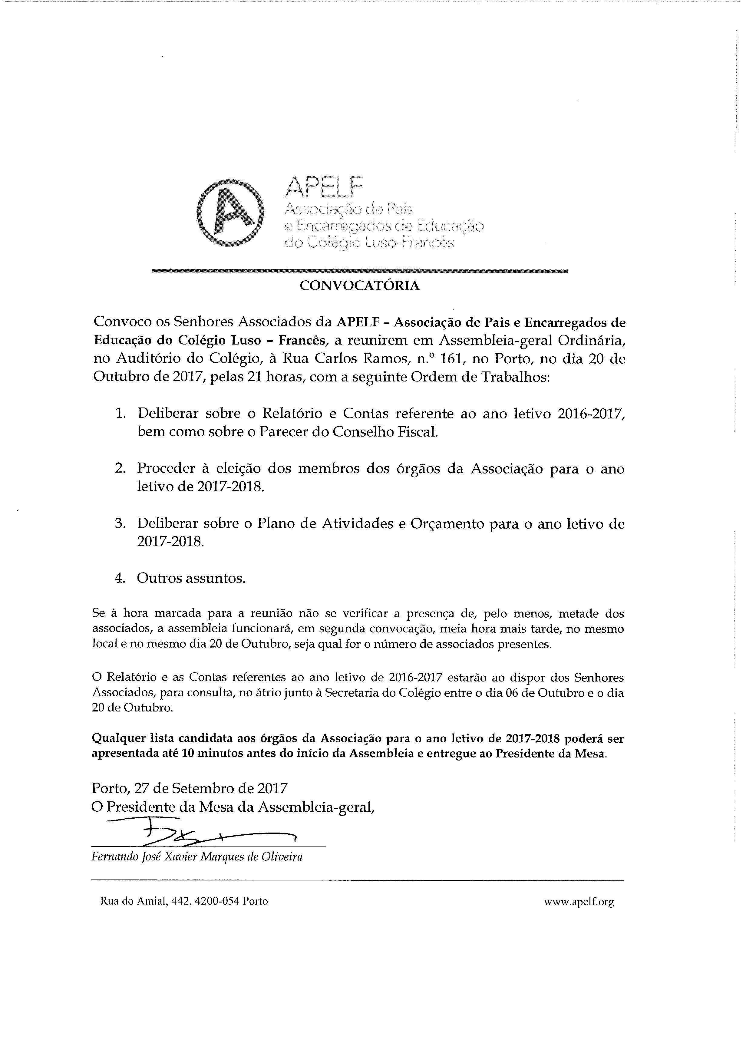 Convocatória de Assembleia Geral da APELF no CLF para o dia 20 de Outubro de 2017 pelas 21H00